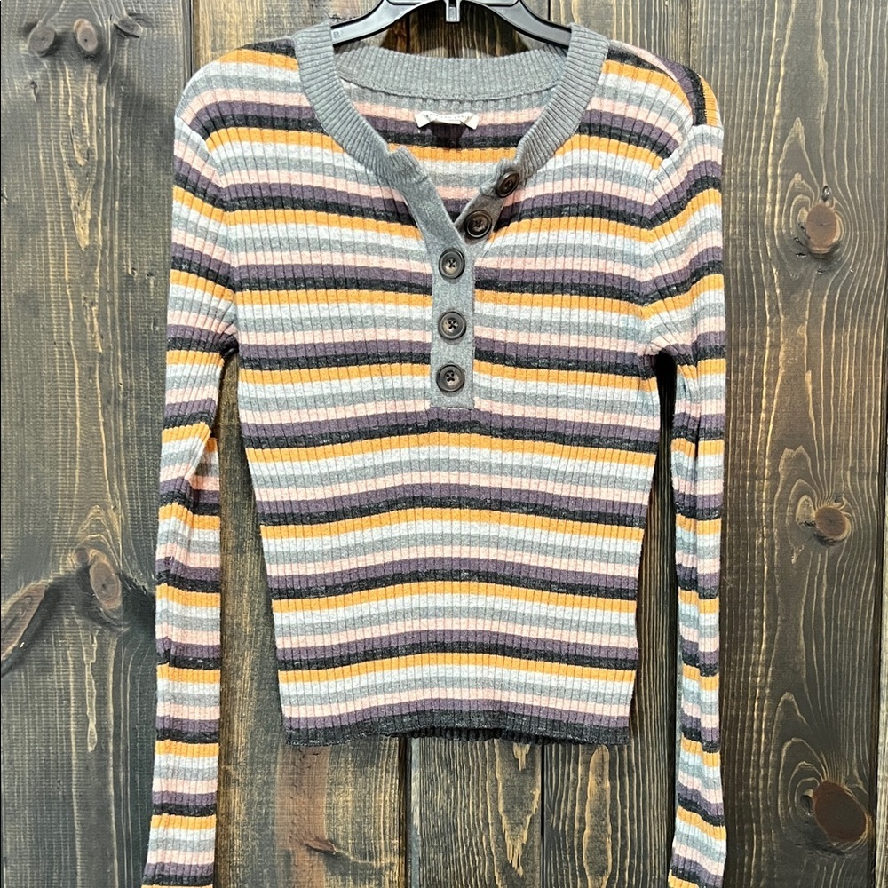 American Eagle Women's Retro Striped Henley Sweater Top Size L Button Soft Y2K